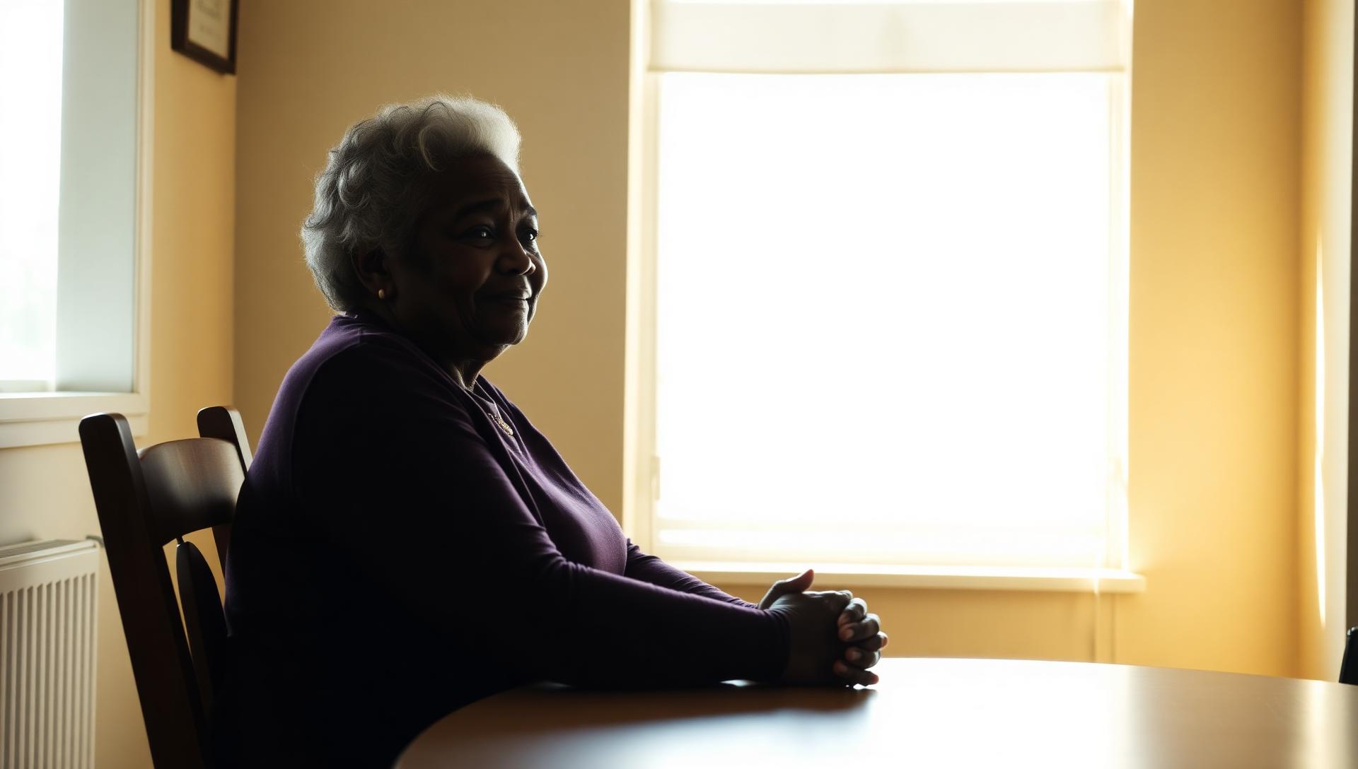 Older woman sitting peacefully at her kitchen table