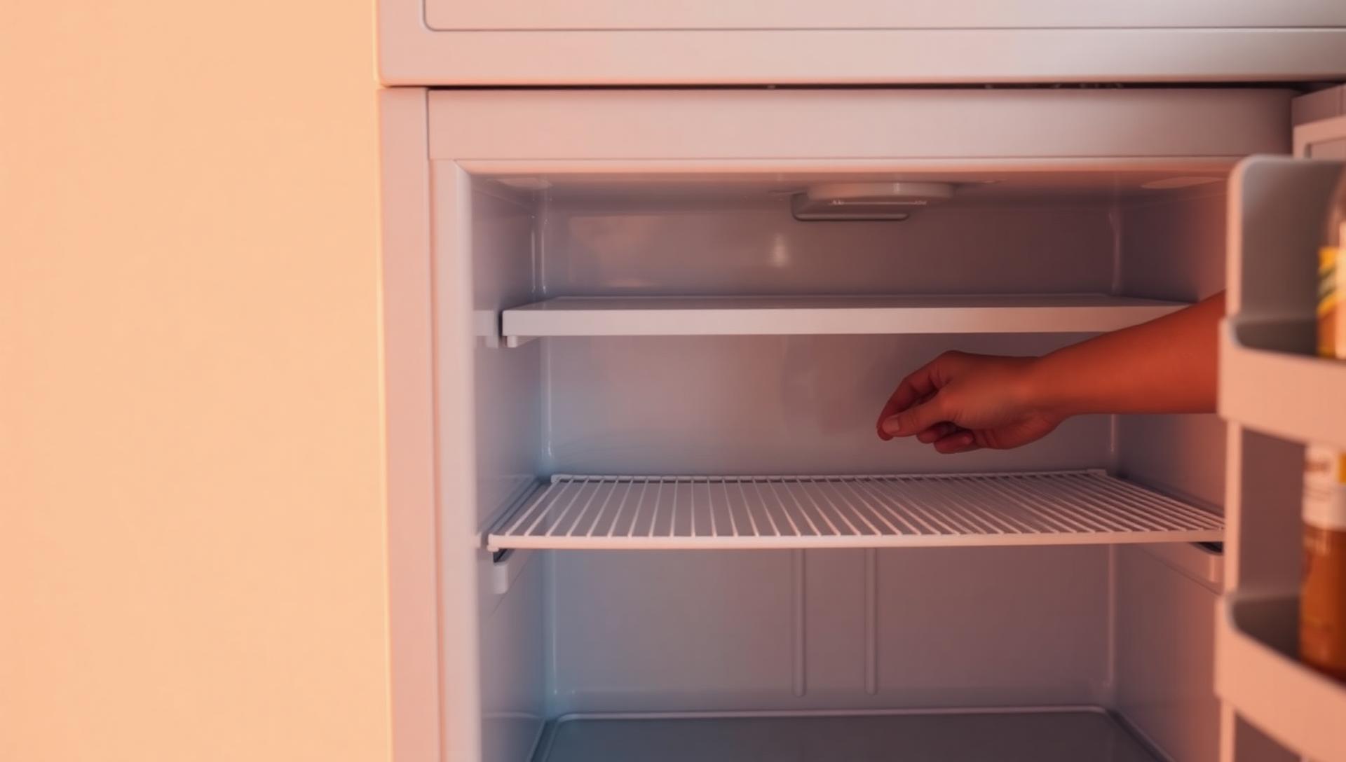 Nearly empty refrigerator with a hand reaching inside