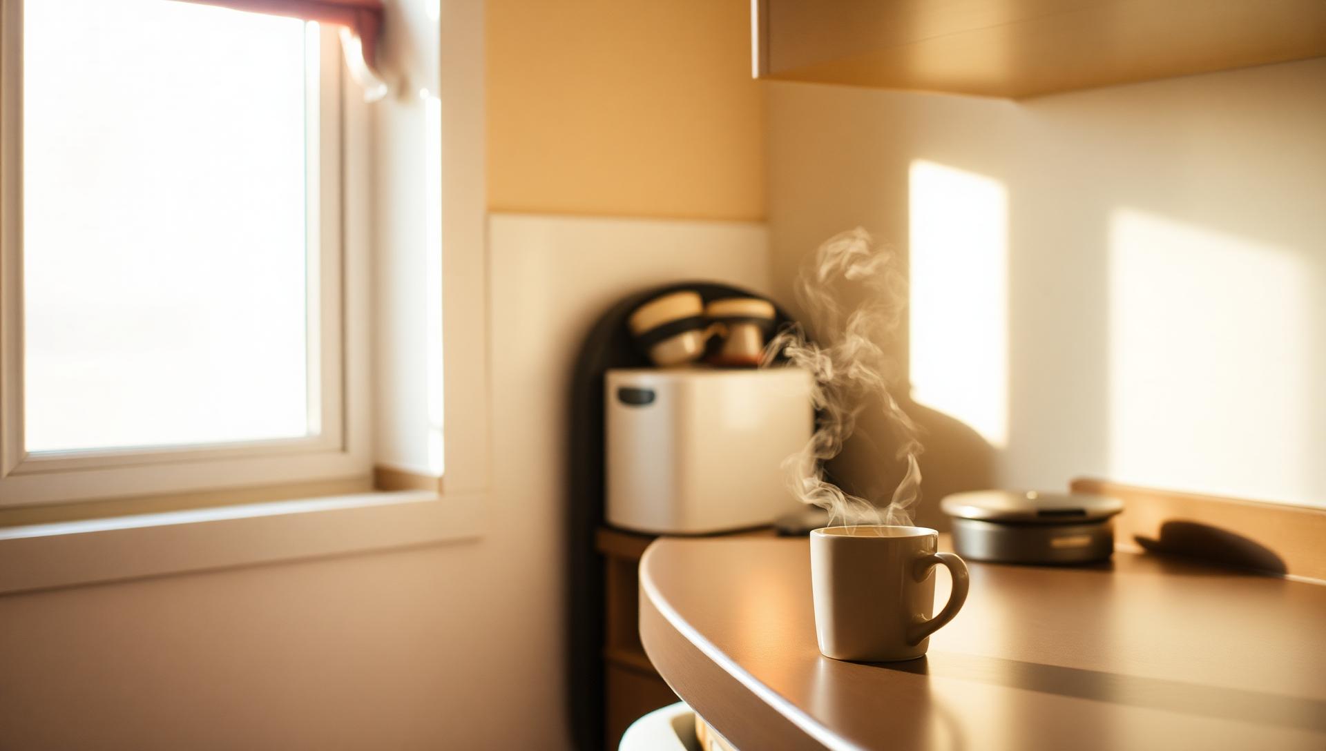 Quiet sunlit kitchen with a steaming cup of tea