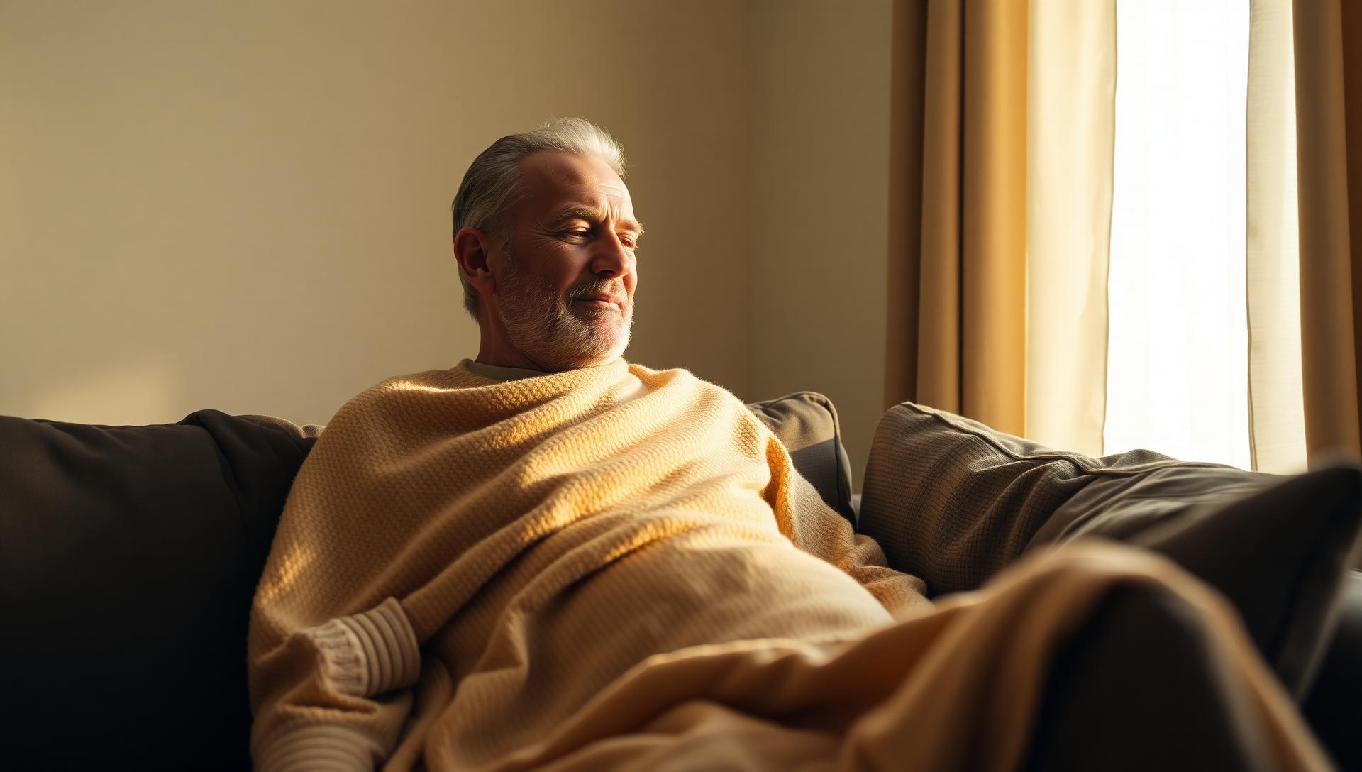 Man recovering at home, wrapped in a warm blanket on the couch