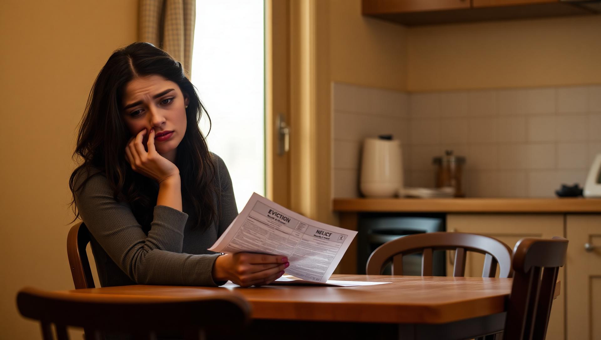 Woman at her kitchen table looking at unpaid bills