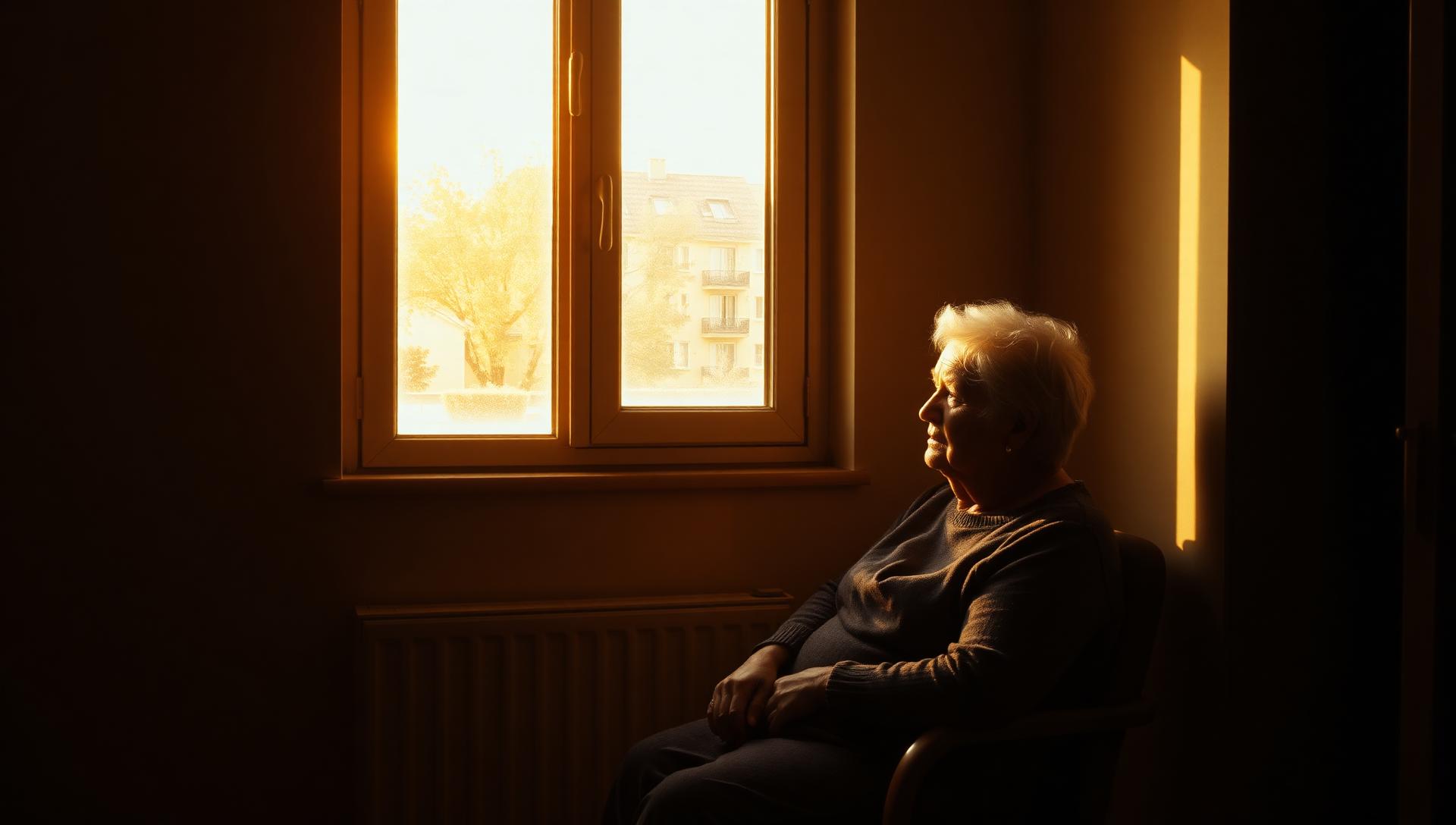 Older adult sitting alone by a sunlit window