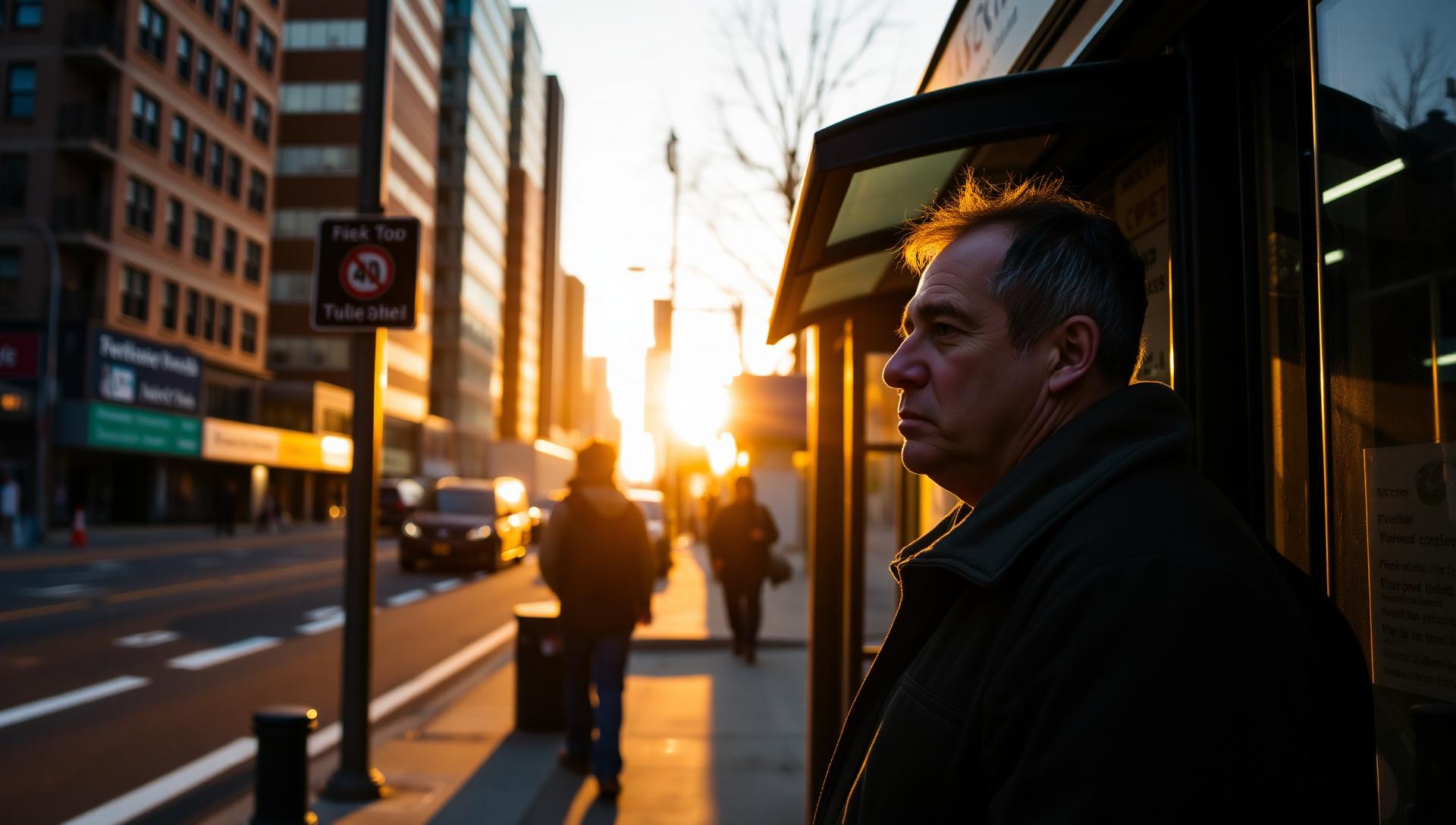 Person waiting at a city bus stop in early morning light